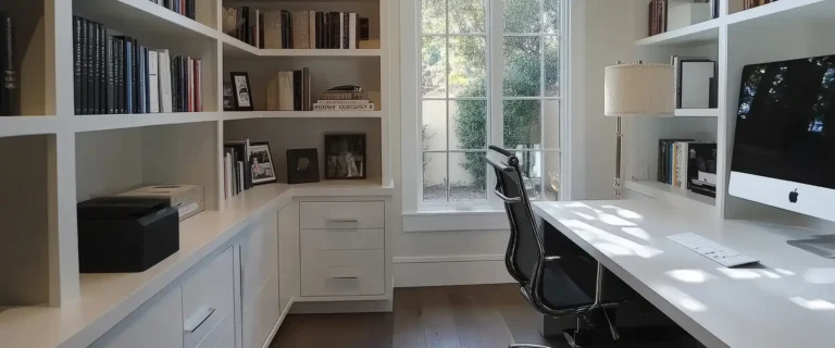 Built-in home office with desk, shelving, and natural light